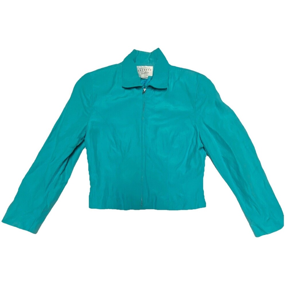 Vintage Express Tailleur Cropped Blazer Jacket Women’s 3/4 Teal Silk Linen